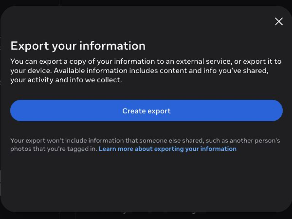 Meta Accounts Centre dialog for Export your information with a Create export button