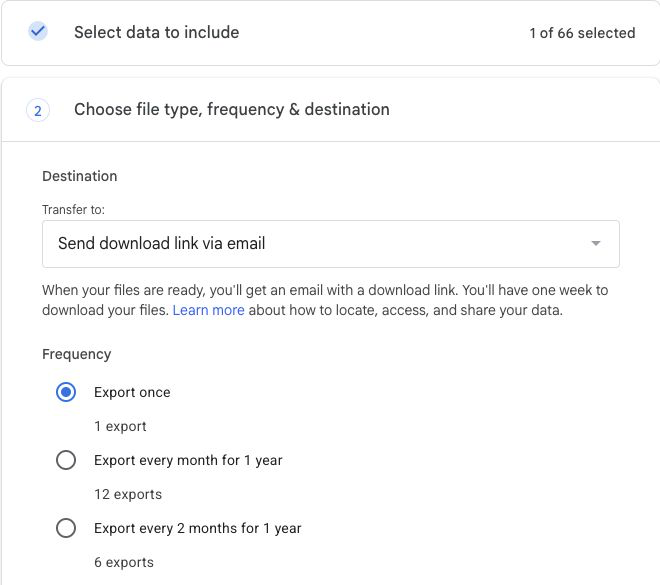 Google Takeout export settings showing email delivery and one-time or recurring frequency options