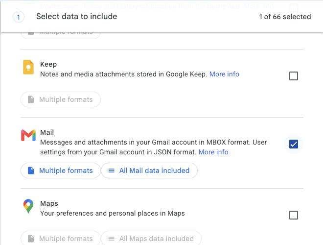 Google Takeout product list with only Mail selected and the All Mail data included control visible
