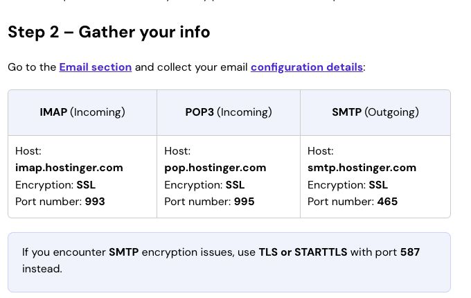 Hostinger support table showing imap.hostinger.com with SSL and port 993 for incoming email