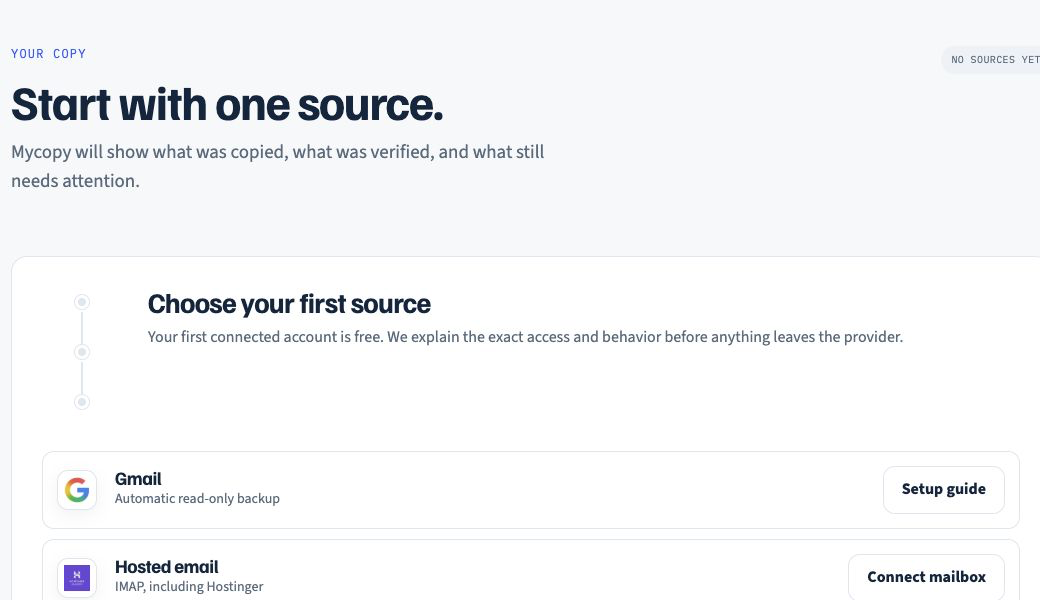 Mycopy source chooser showing Gmail automatic read-only backup and hosted email options